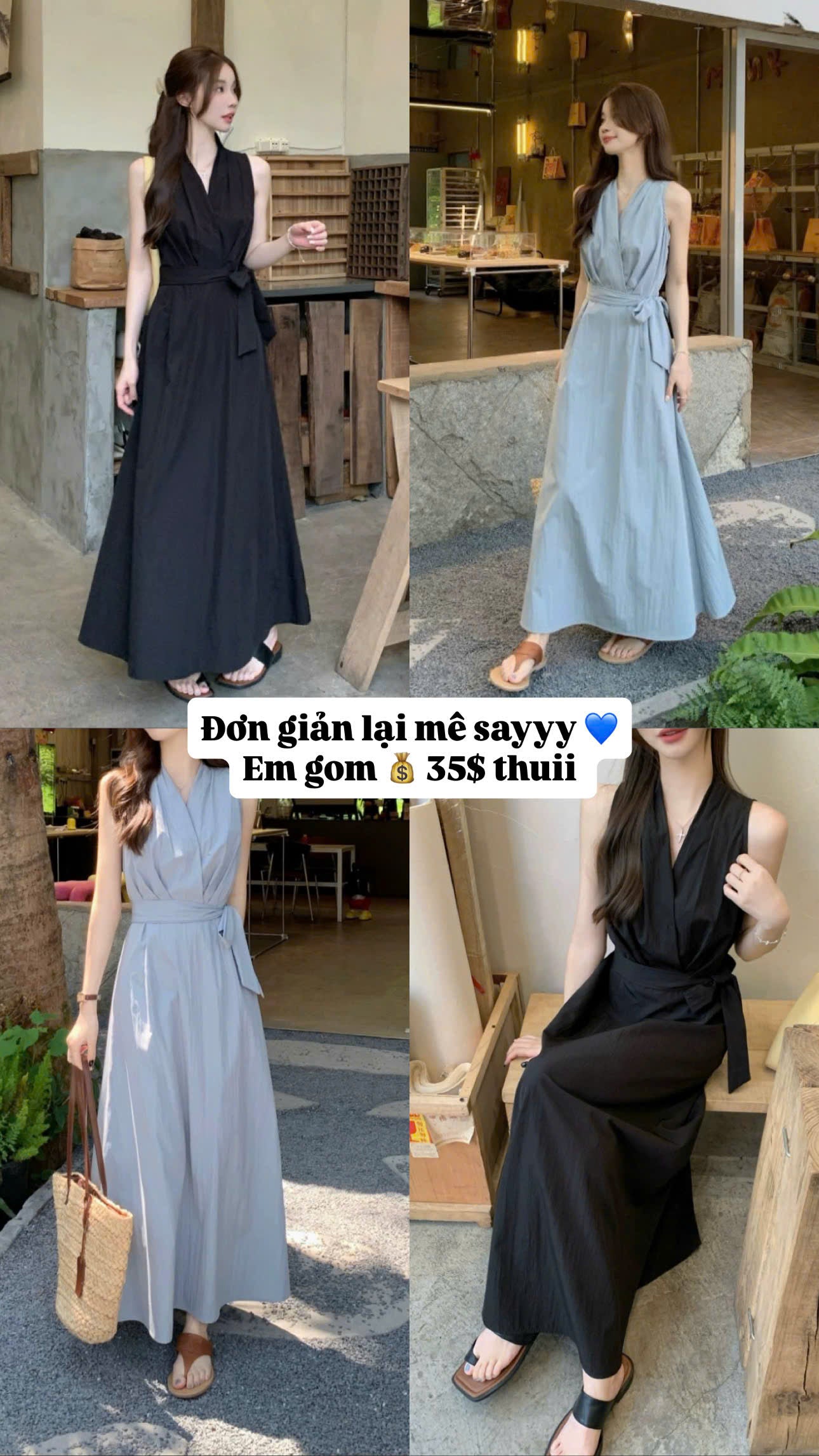 Đầm cổ V cột eo đơn giản mê say
