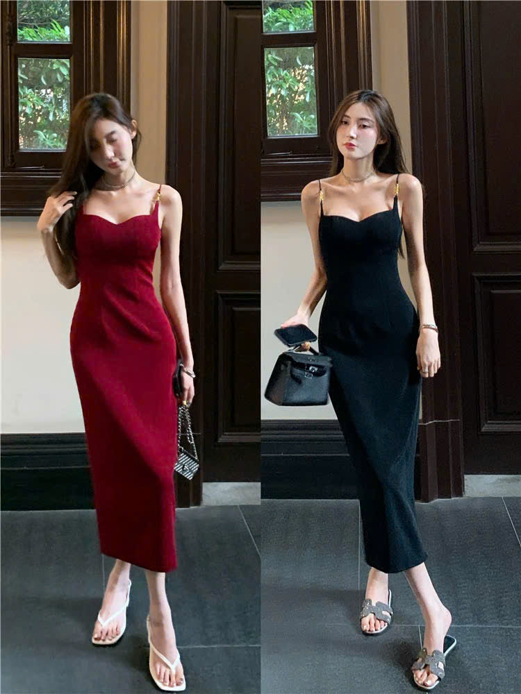Đầm 2 dây đỏ đen basic tôn dáng