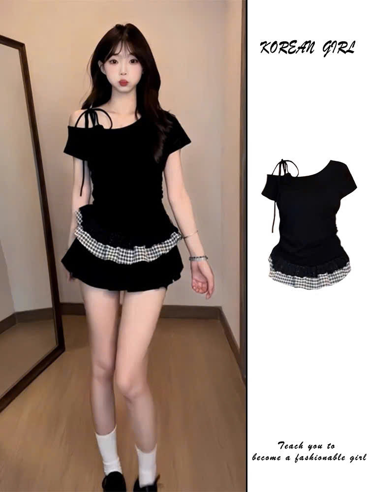 Áo lệch vai tay ngắn phối caro
