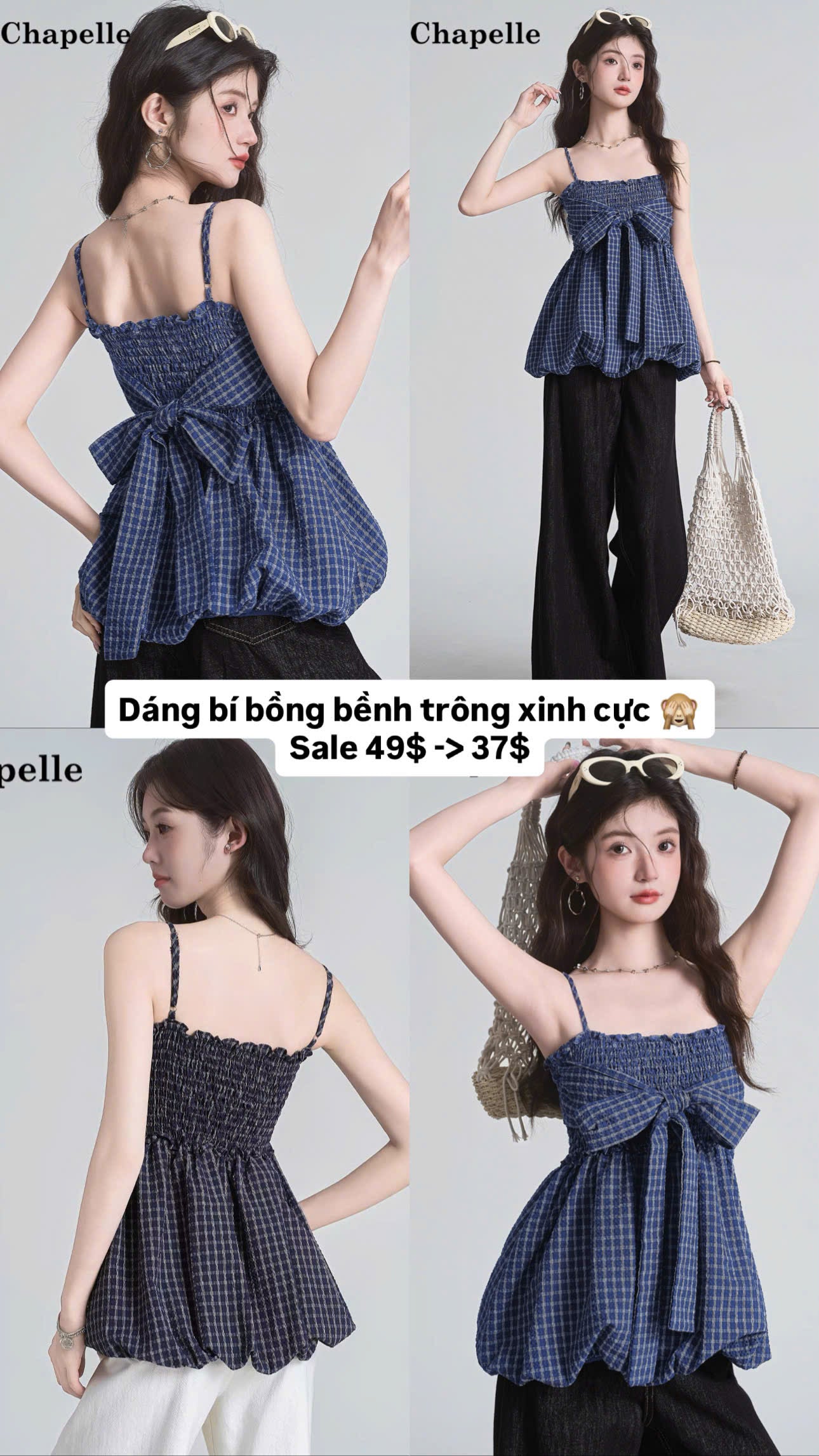 Áo 2 dây dáng bí bồng bềnh caro cột nơ xinh cực