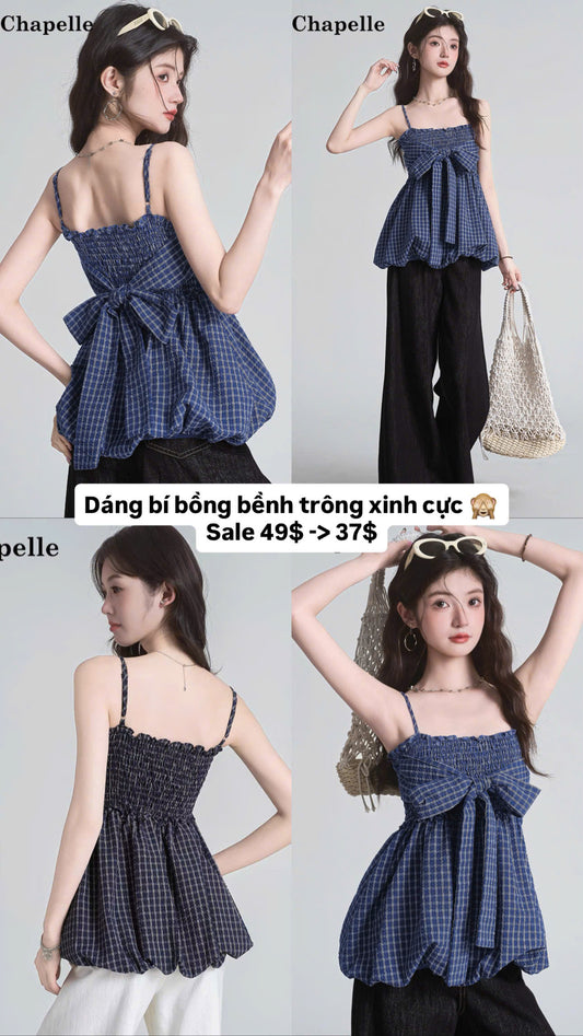Áo 2 dây dáng bí bồng bềnh caro cột nơ xinh cực