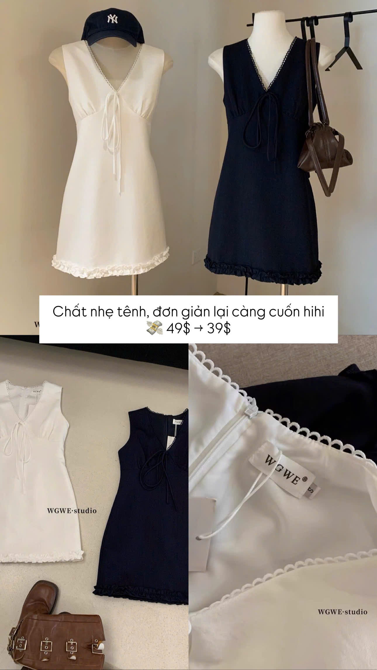 Đầm suông cổ V nơ sát nách viền bèo xinh