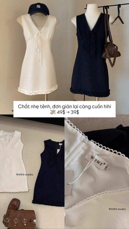 Đầm suông cổ V nơ sát nách viền bèo xinh