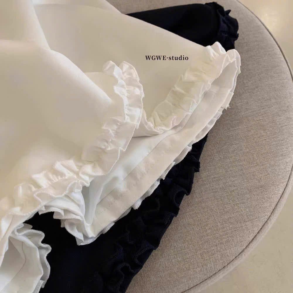 Đầm suông cổ V nơ sát nách viền bèo xinh