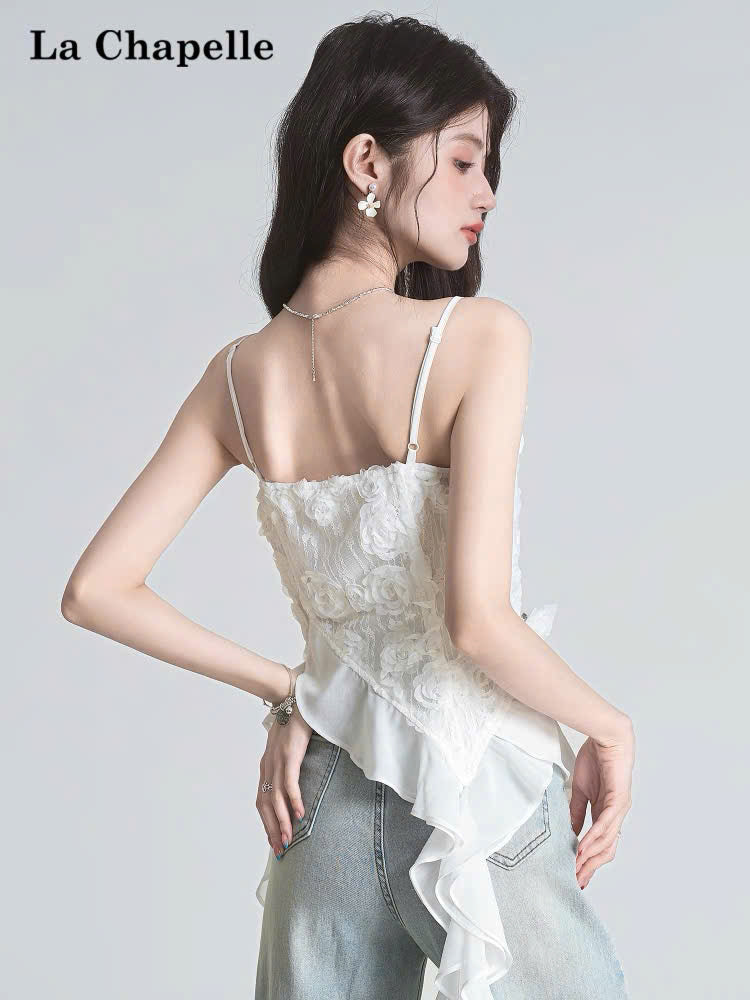 Áo 2 dây phối hoa trắng dây tua rua