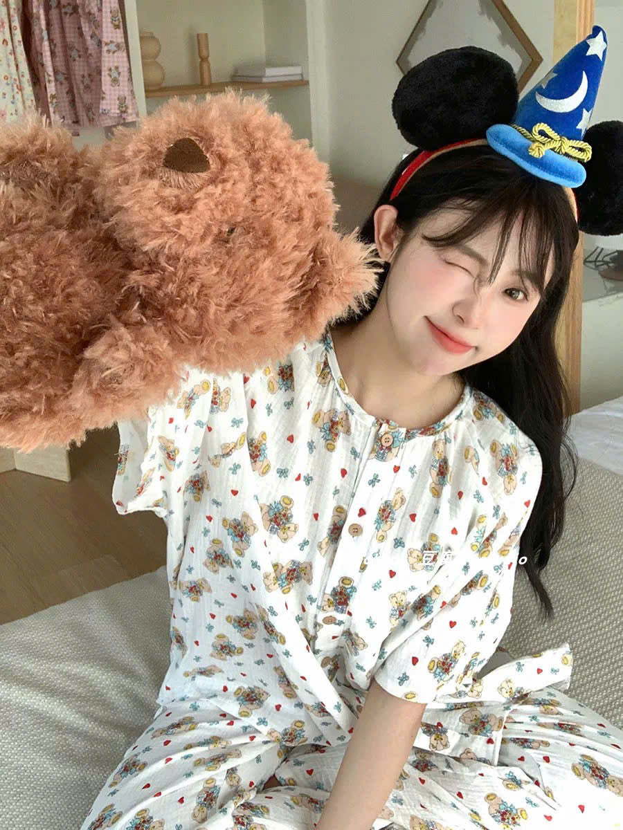 Bộ ngủ tay ngắn quần dài gấu bông