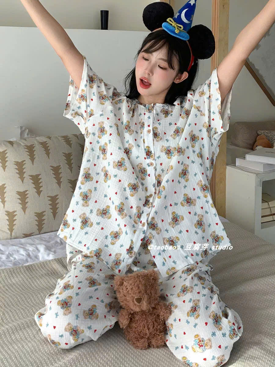 Bộ ngủ tay ngắn quần dài gấu bông