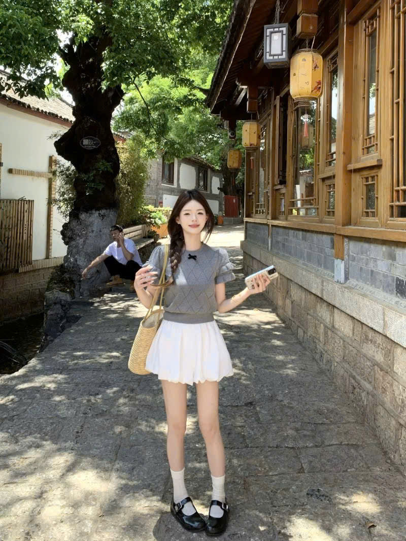 Set áo dệt kim chân váy bí mùa hè xinh ngất ngây