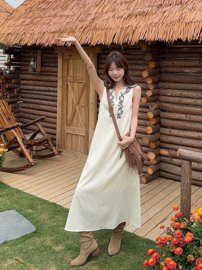 Đầm suông trắng sát nách vintage dài - ngắn