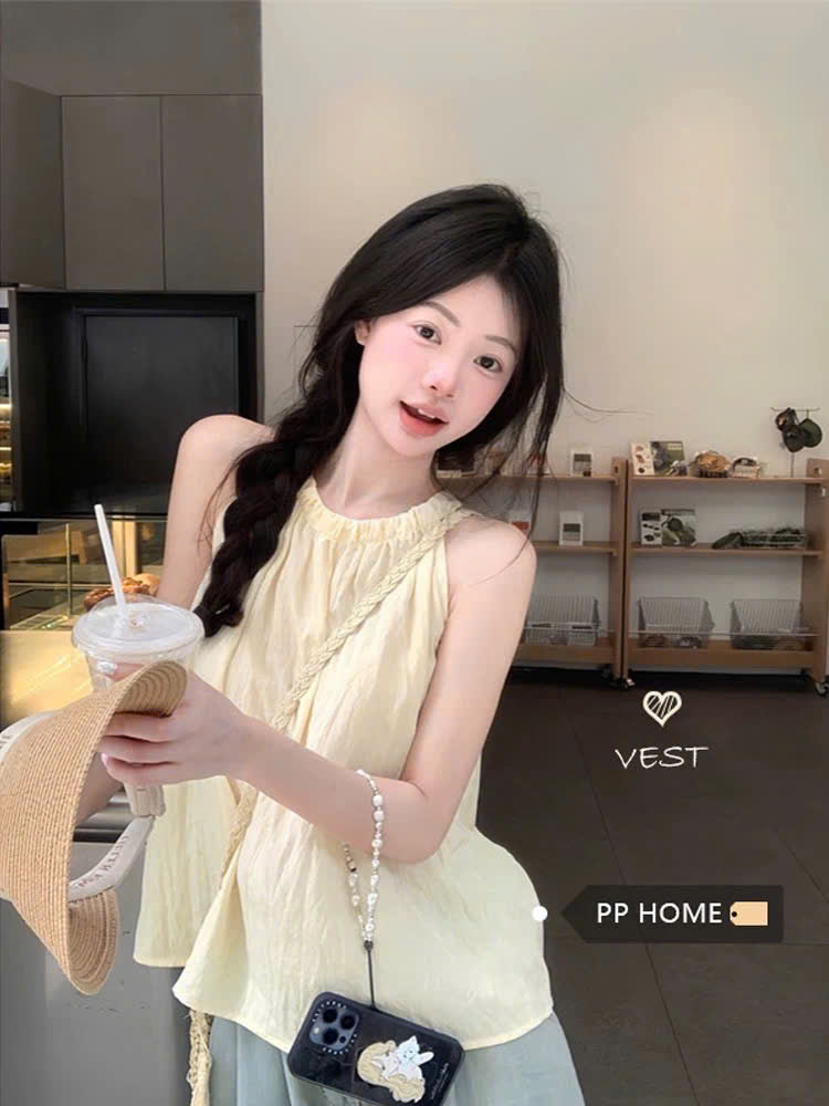 Áo babydoll cổ yếm vàng nhạt