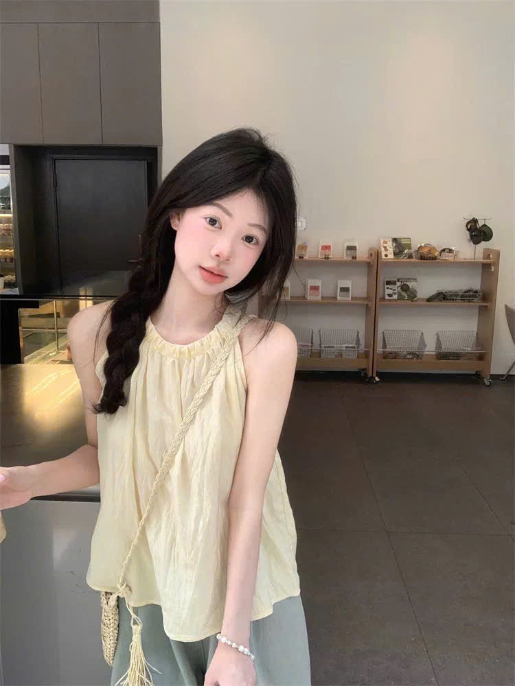 Áo babydoll cổ yếm vàng nhạt
