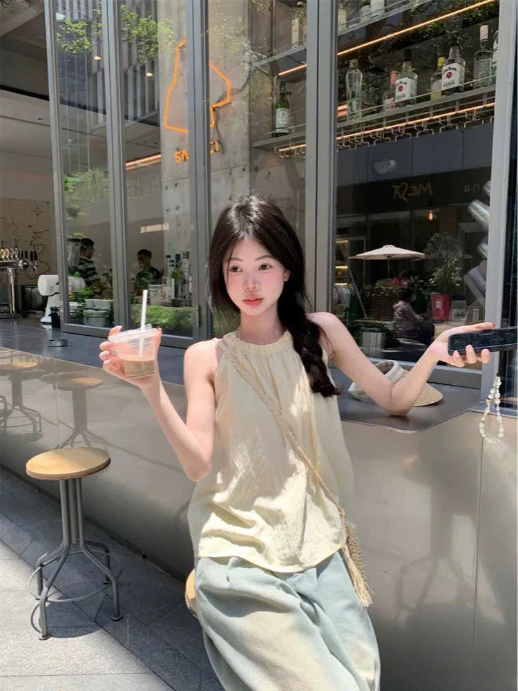 Áo babydoll cổ yếm vàng nhạt