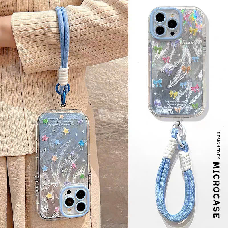 Ốp lưng IP xanh dương sóng bạc nơ nhí kèm dây đeo tay