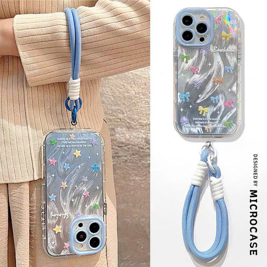 Ốp lưng IP xanh dương sóng bạc nơ nhí kèm dây đeo tay