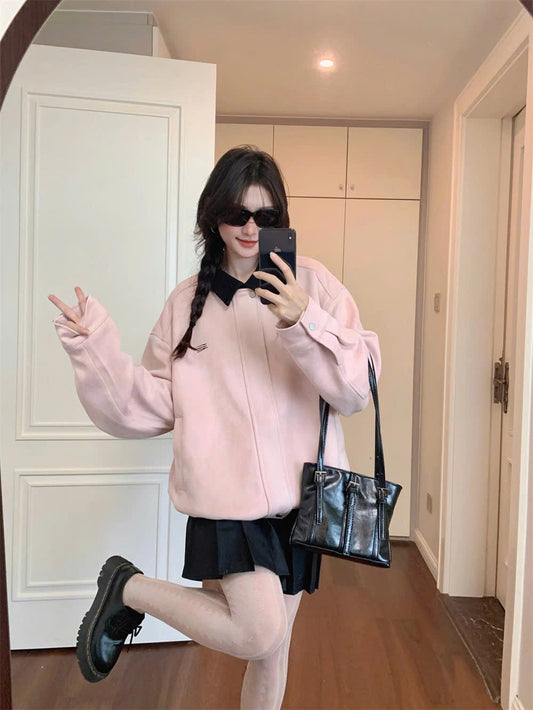 Áo khoác bomber hồng cổ đen nữ tính