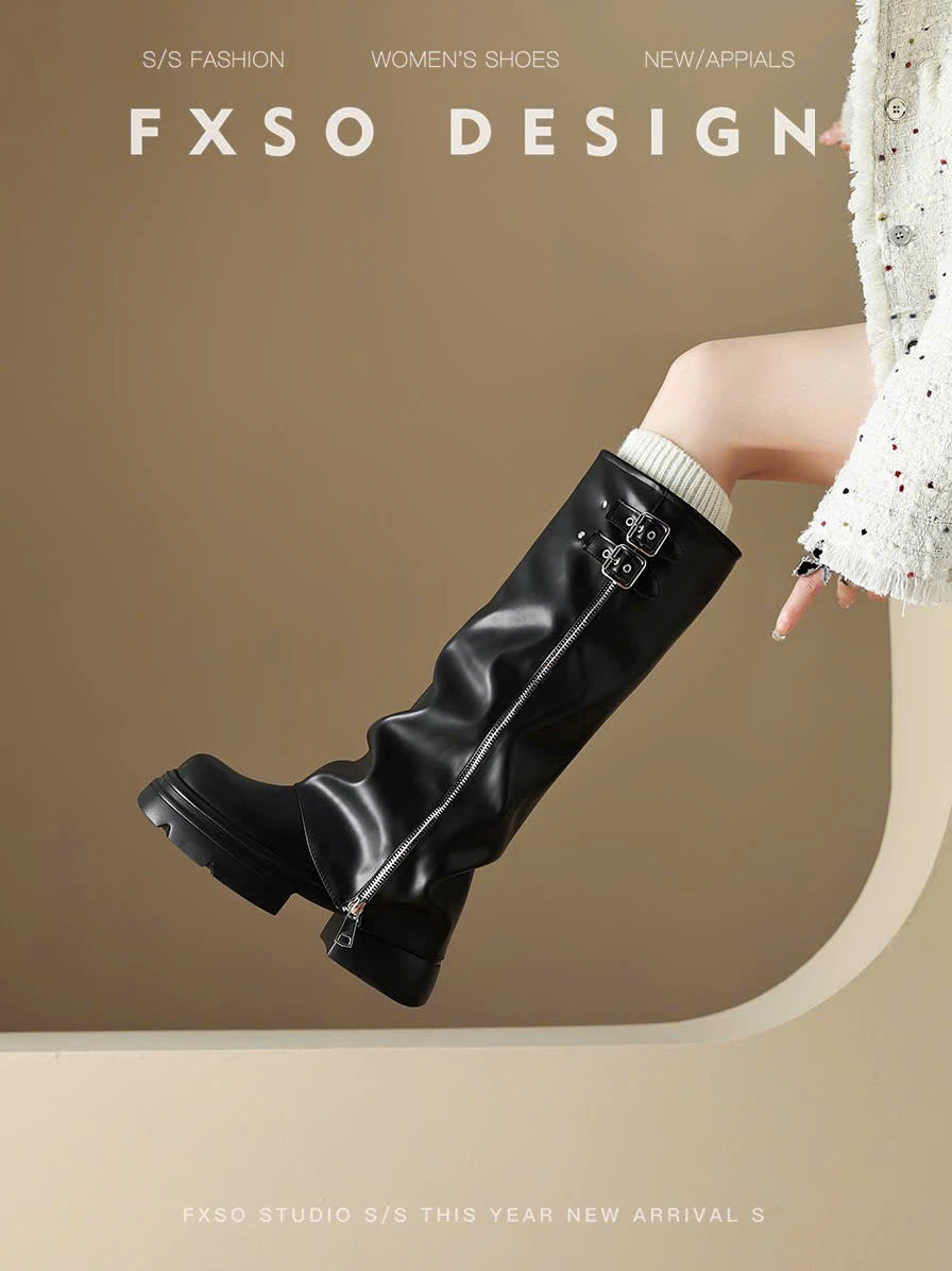 Giày boots da đen ấm chân khóa cài