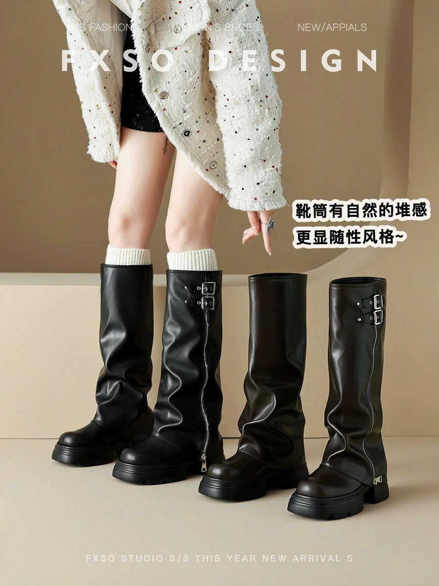 Giày boots da đen ấm chân khóa cài