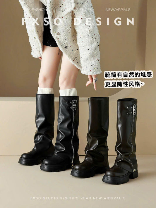 Giày boots da đen ấm chân khóa cài
