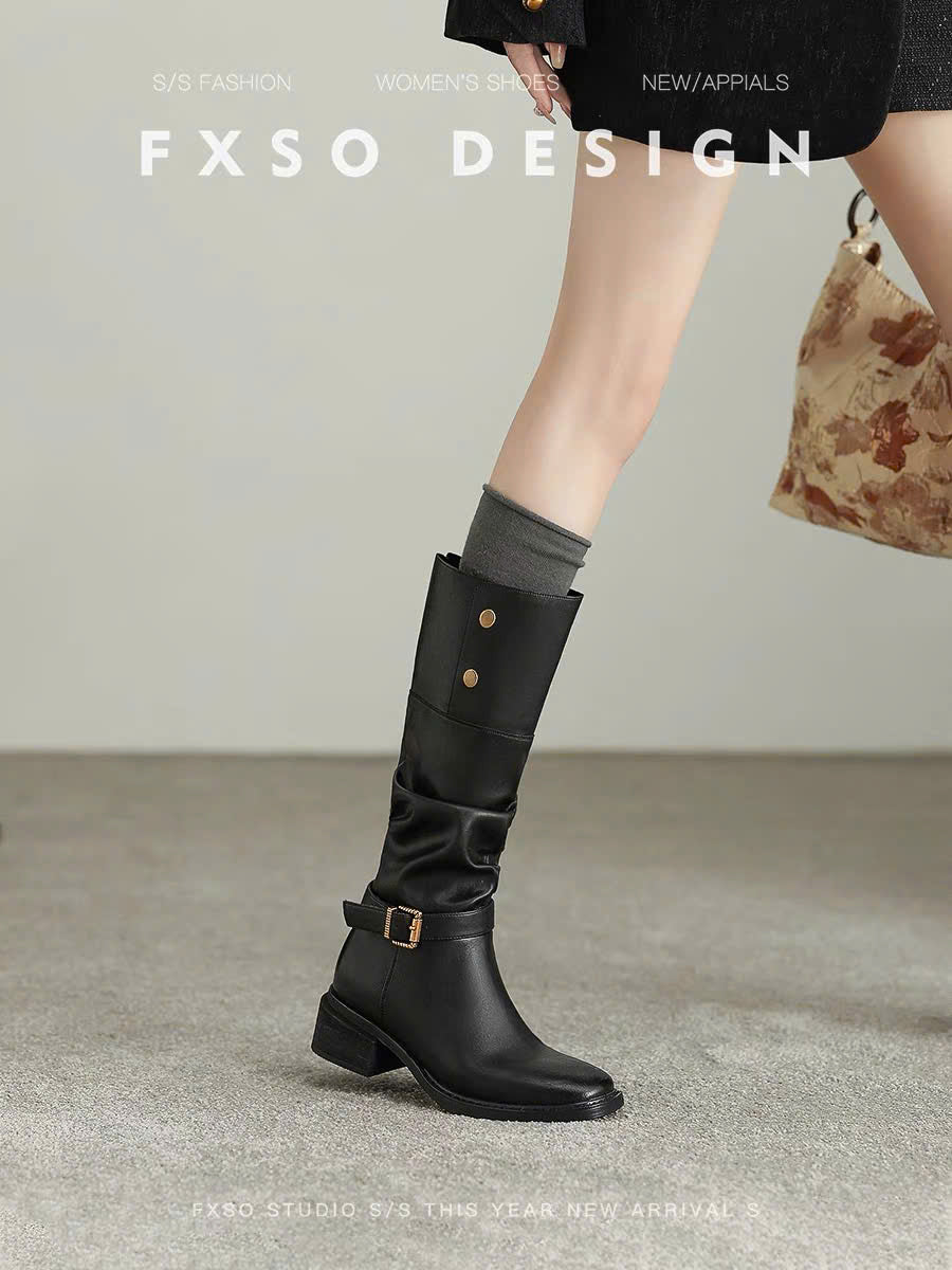 Giày boots cao cổ mũi nhọn khóa cài thanh lịch