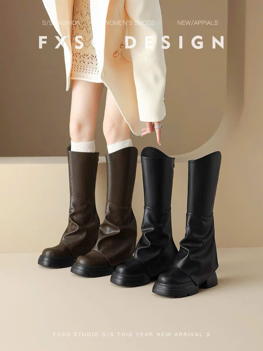 Giày boots da nhún ống cao cổ