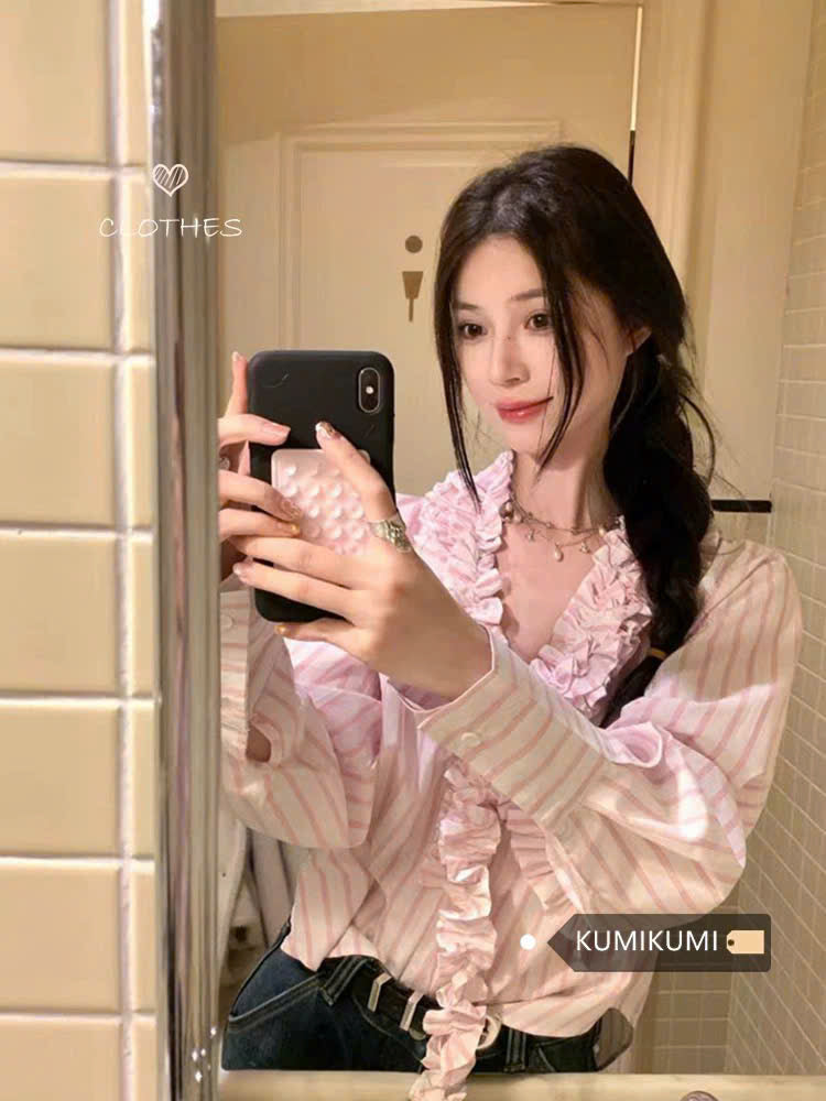 Áo sơ mi kẻ sọc dây bèo nhún
