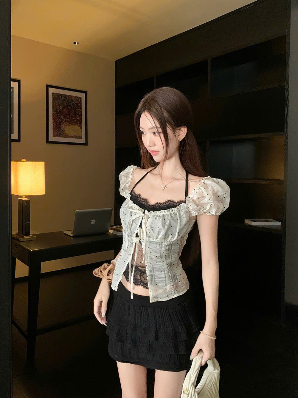 Áo ren phối chấm bi