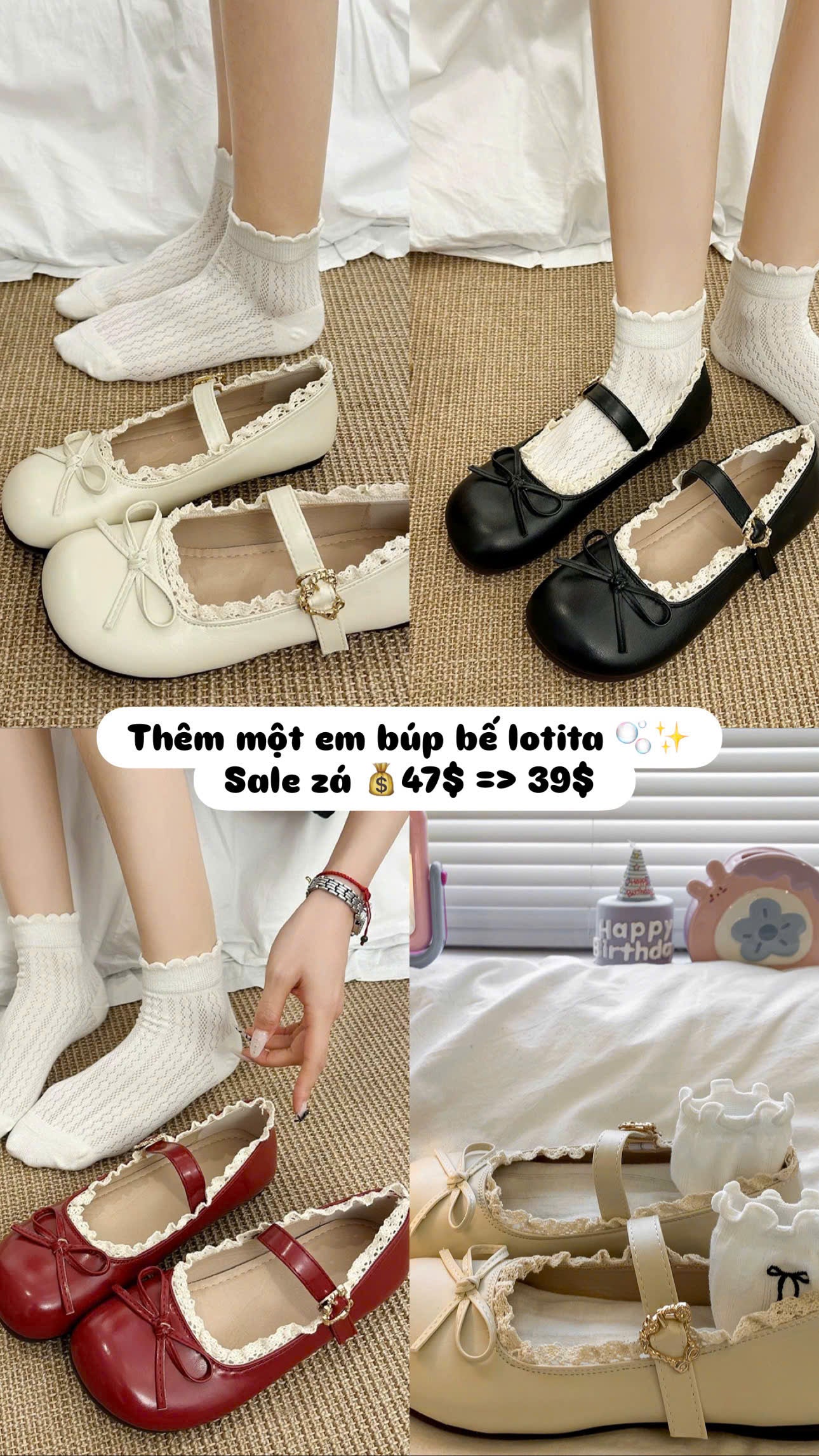 Giày búp bê nơ mũi tròn viền ren tiểu thư
