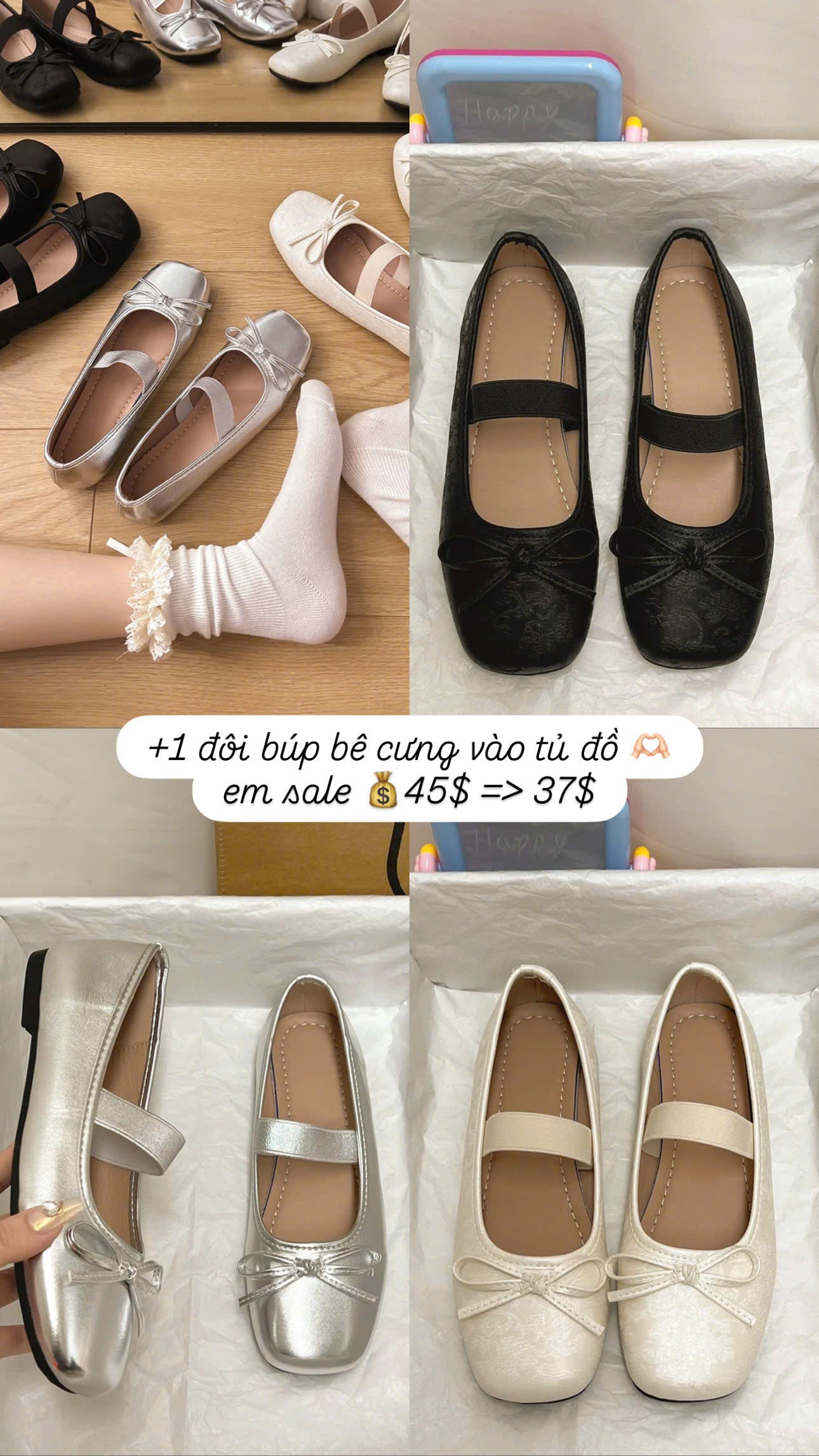 Giày búp bê mũi vuông nơ xinh xỉu