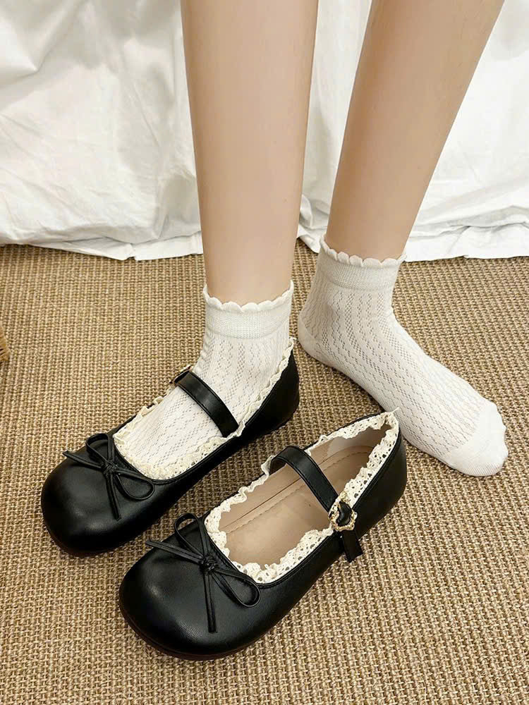 Giày búp bê nơ mũi tròn viền ren tiểu thư