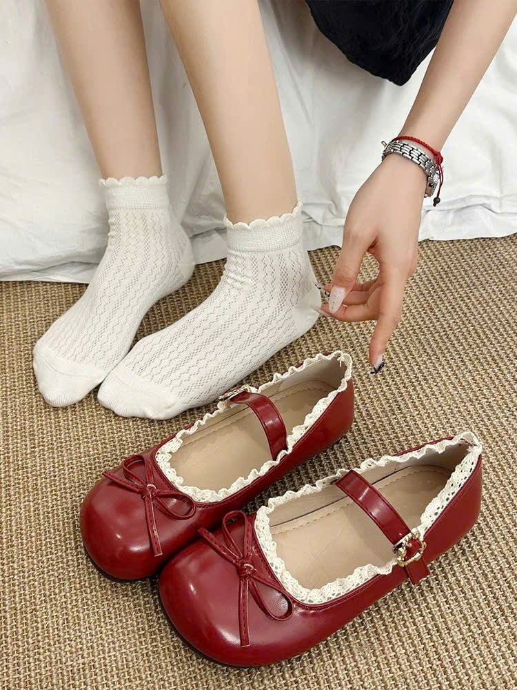 Giày búp bê nơ mũi tròn viền ren tiểu thư