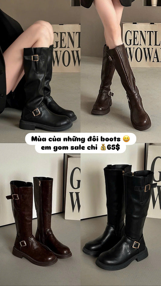 Boots cổ cao mũi tròn khóa cài