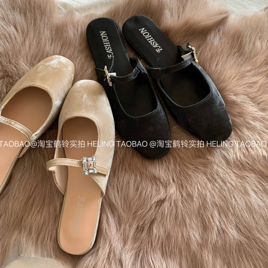 Giày sục búp bê nhung mũi tròn quai ngang