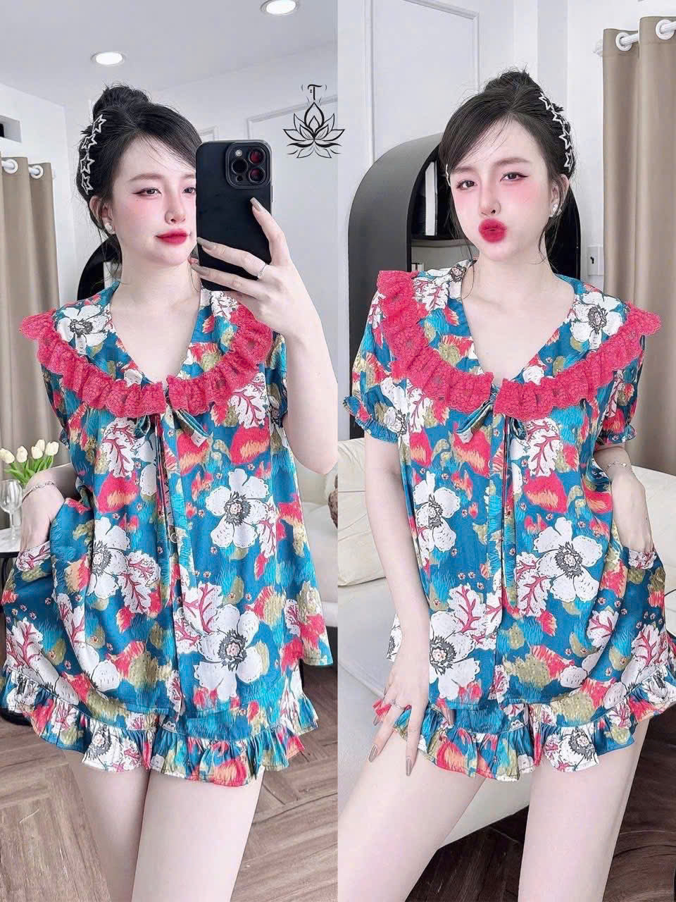 Bộ ngủ đùi lụa latin cổ sen phối ren
