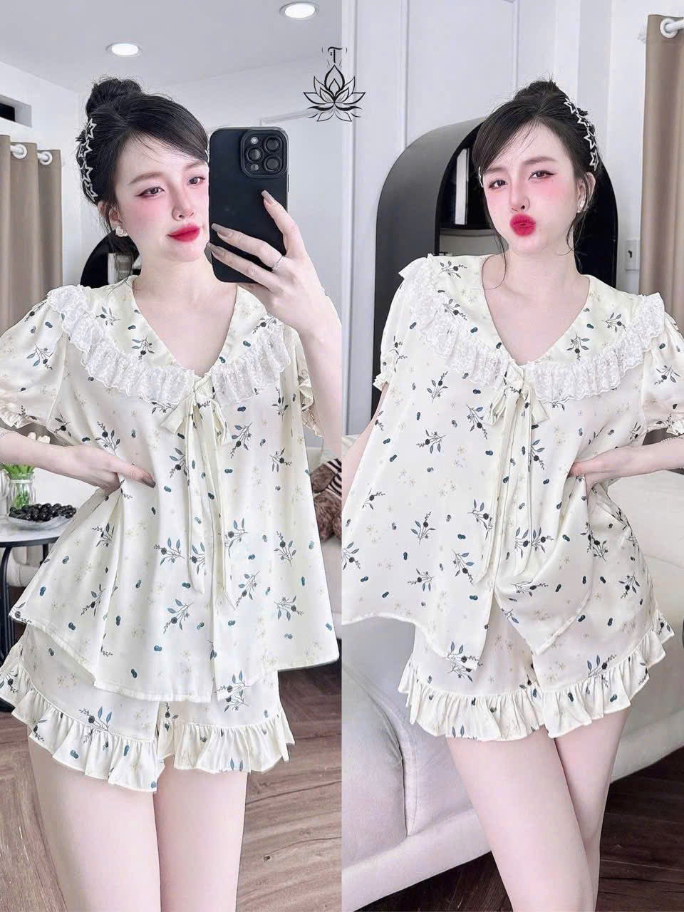 Bộ ngủ đùi lụa latin cổ sen phối ren