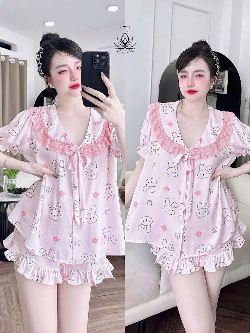 Bộ ngủ đùi lụa latin cổ sen phối ren
