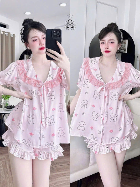 Bộ ngủ đùi lụa latin cổ sen phối ren