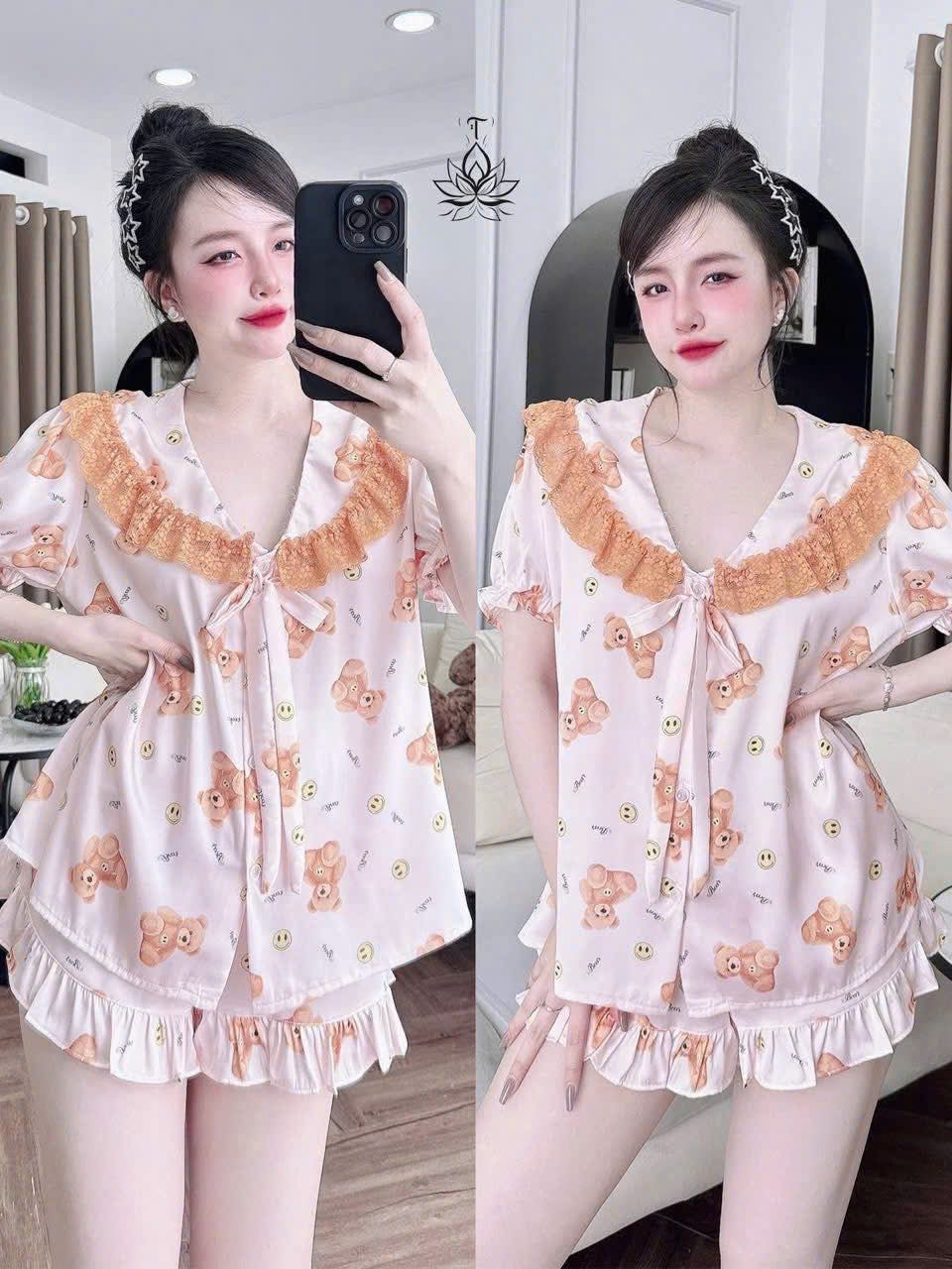 Bộ ngủ đùi lụa latin cổ sen phối ren