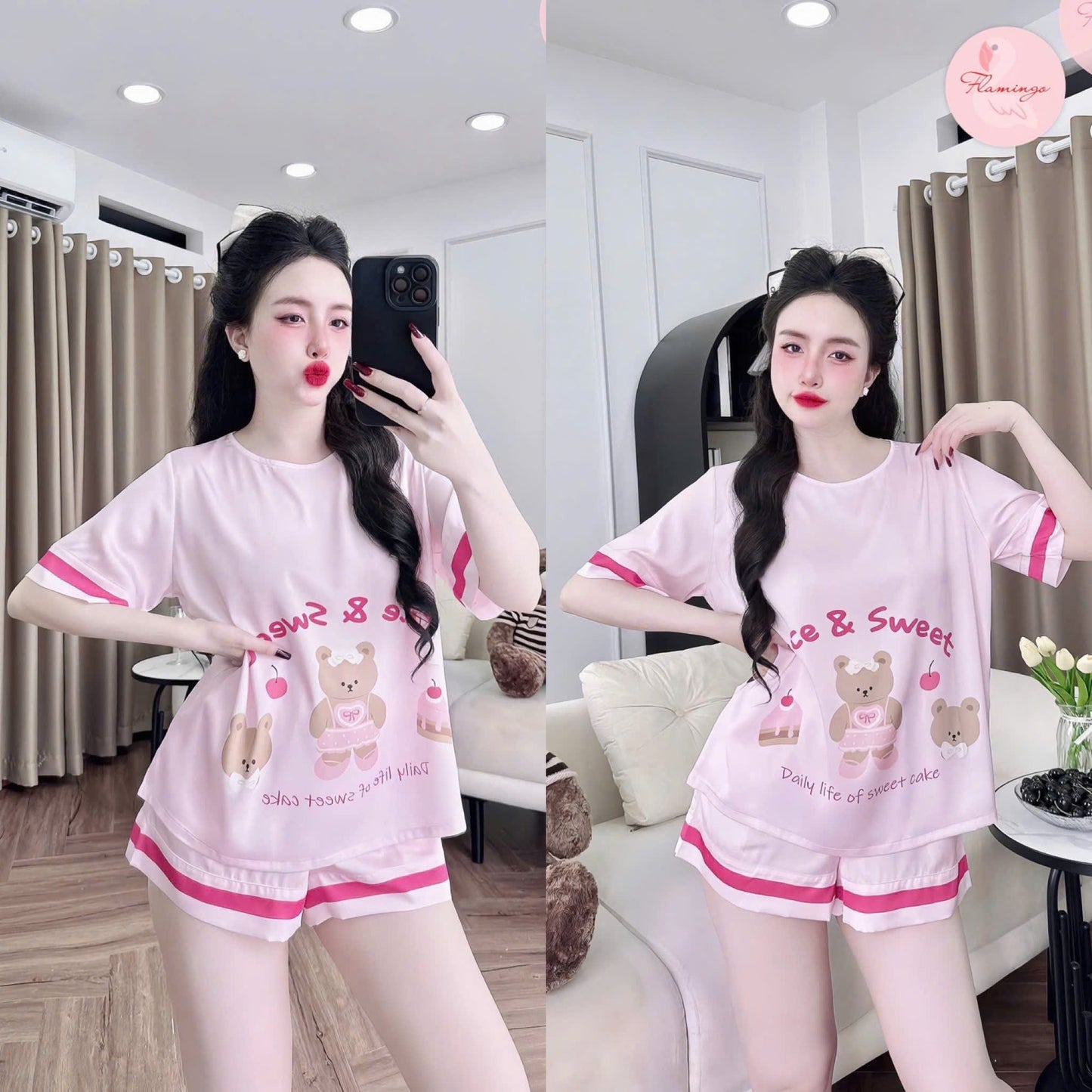 Bộ ngủ đùi cổ tròn lụa latin hoạt hình dễ thương