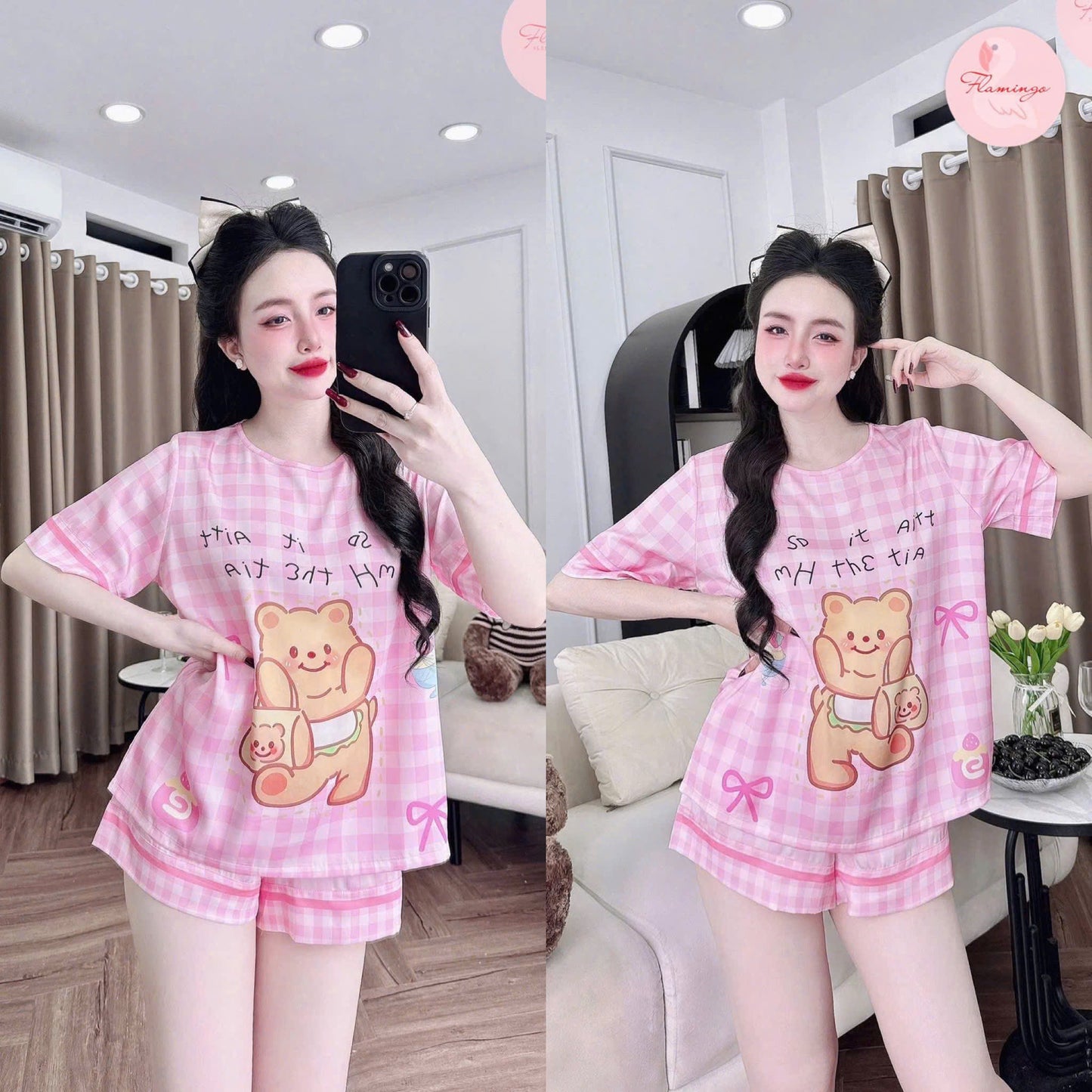 Bộ ngủ đùi cổ tròn lụa latin hoạt hình dễ thương