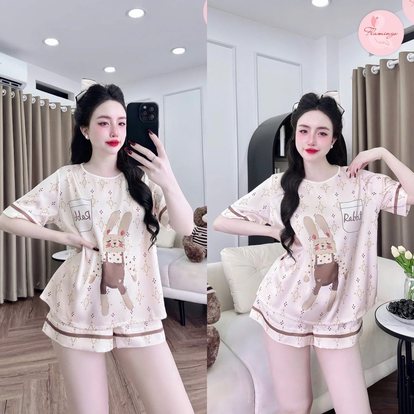 Bộ ngủ đùi cổ tròn lụa latin hoạt hình dễ thương