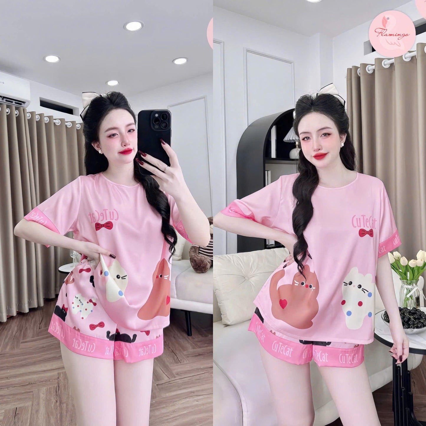 Bộ ngủ đùi cổ tròn lụa latin hoạt hình dễ thương