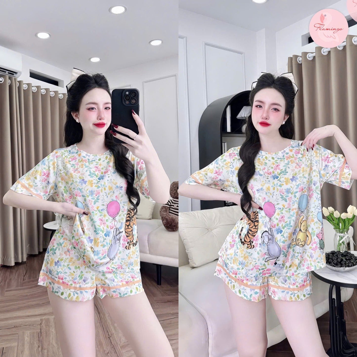Bộ ngủ đùi cổ tròn lụa latin hoạt hình dễ thương