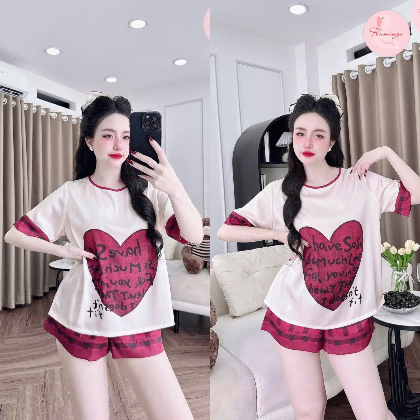 Bộ ngủ đùi cổ tròn lụa latin hoạt hình dễ thương