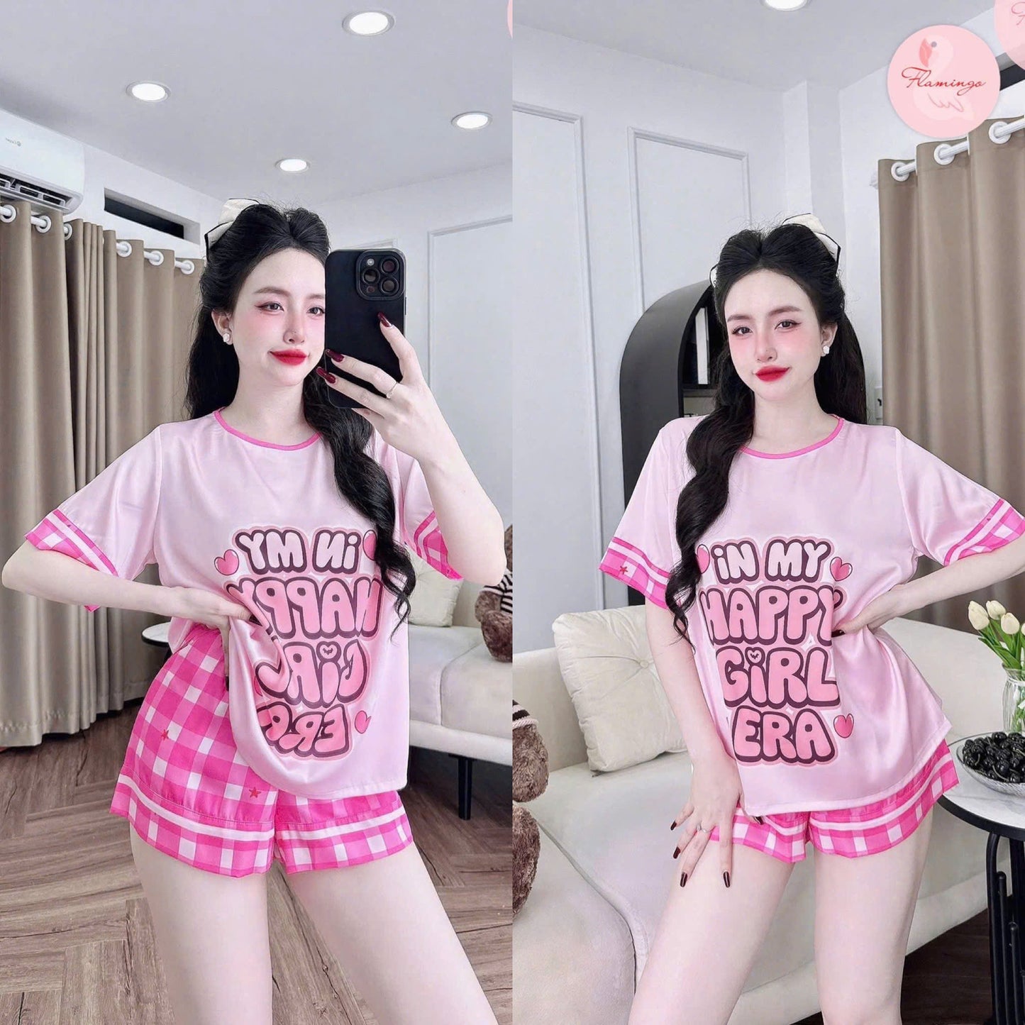Bộ ngủ đùi cổ tròn lụa latin hoạt hình dễ thương