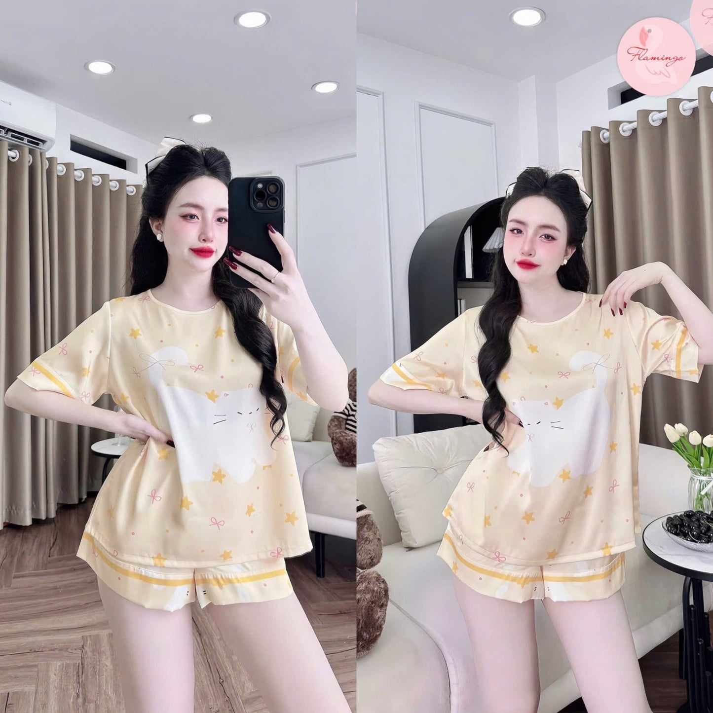 Bộ ngủ đùi cổ tròn lụa latin hoạt hình dễ thương