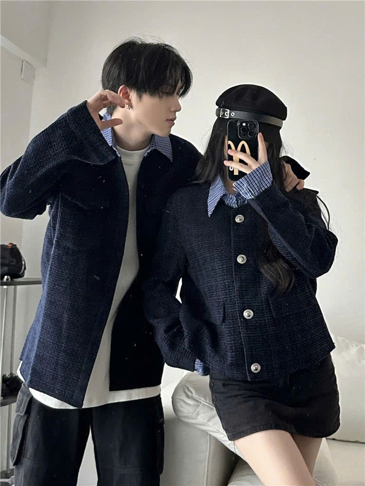 Áo khoác đôi sơ mi dạ xanh than