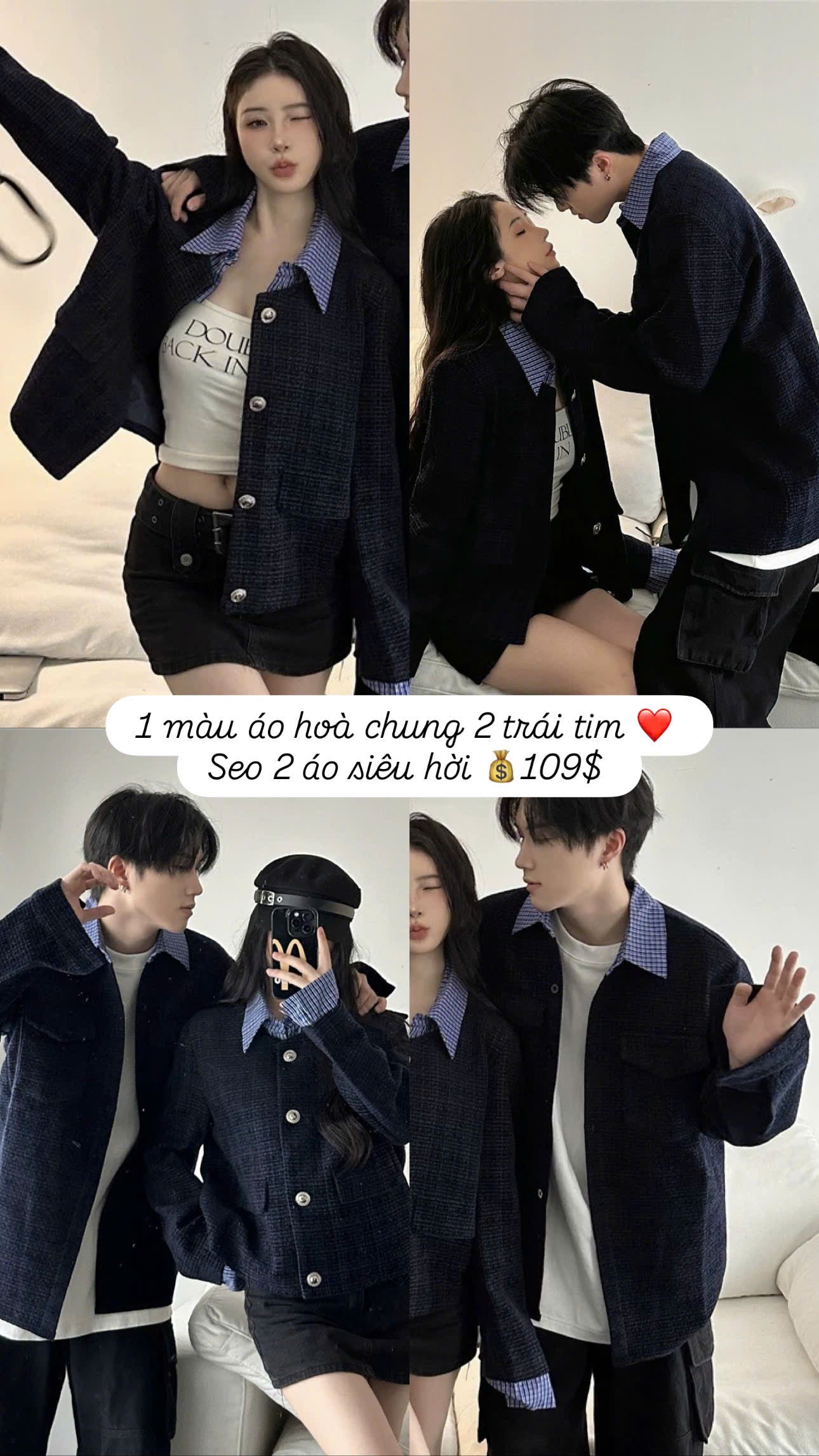 Áo khoác đôi sơ mi dạ xanh than