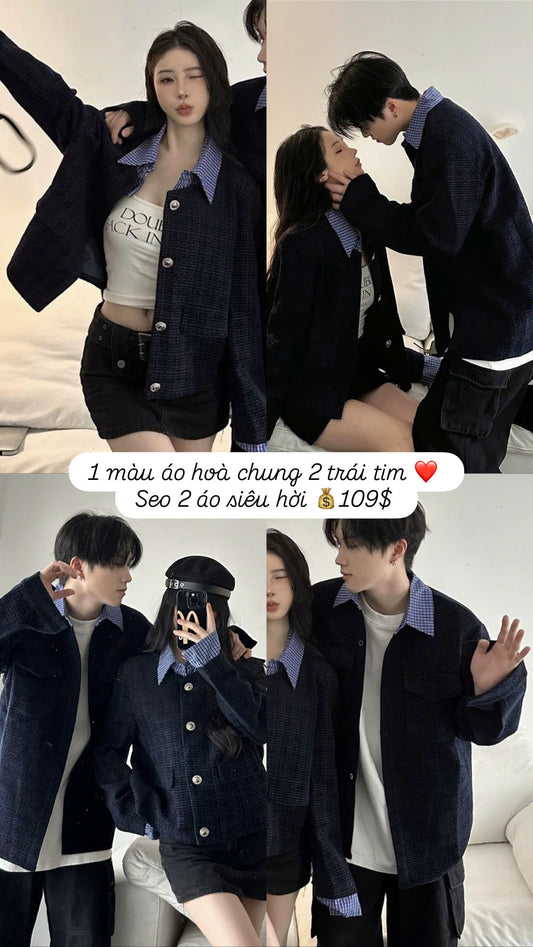Áo khoác đôi sơ mi dạ xanh than