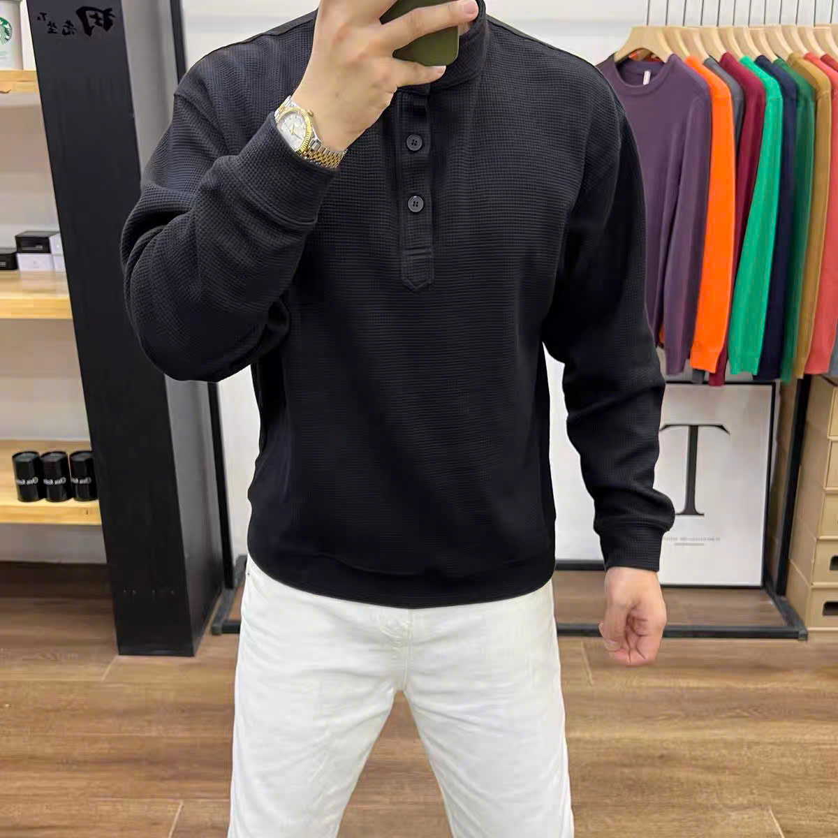 Áo sweater dệt cổ nút thanh lịch cho nam