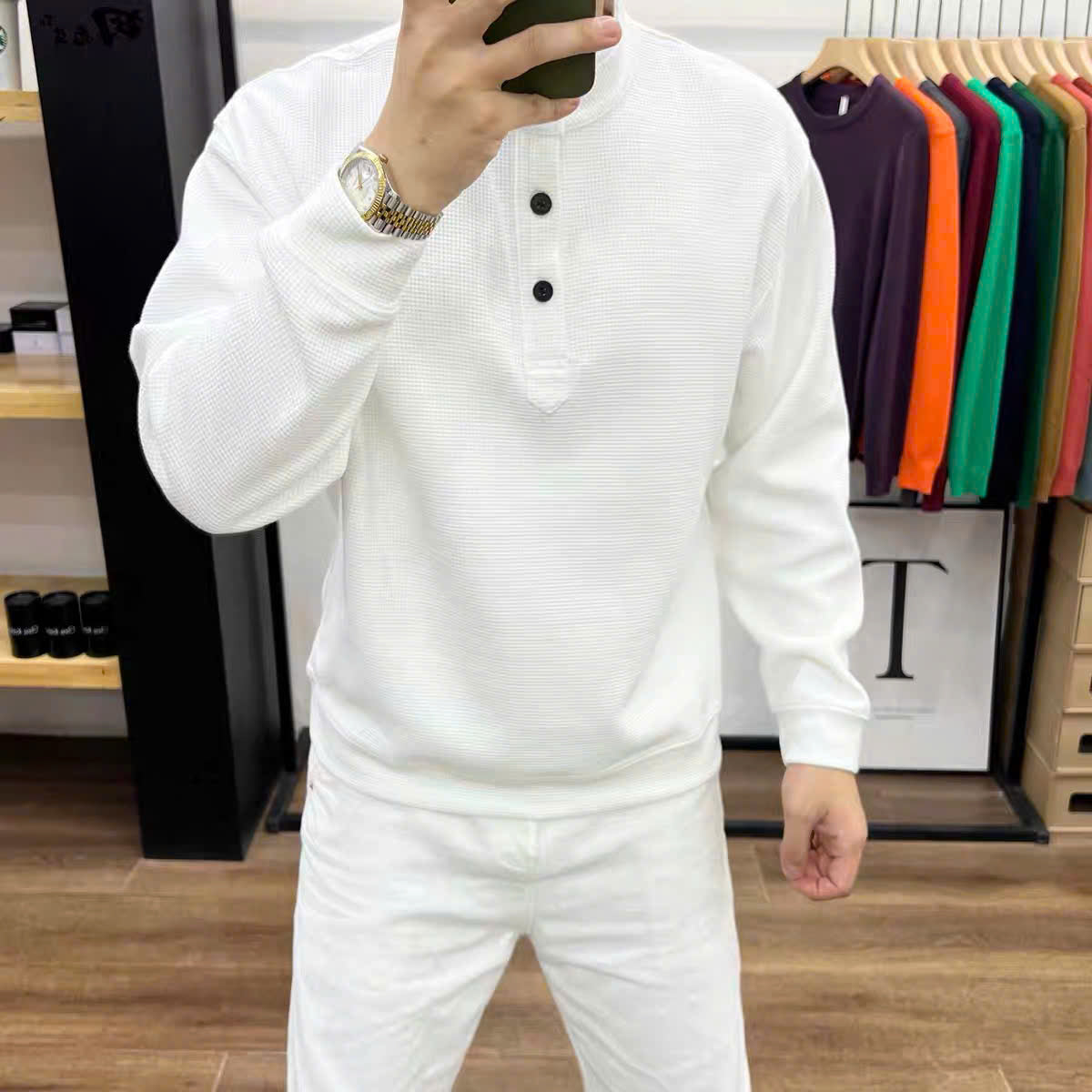 Áo sweater dệt cổ nút thanh lịch cho nam